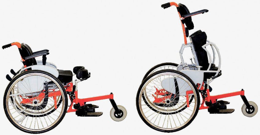 Arise wheelchair in the sitting position on the left and the standing position on the right