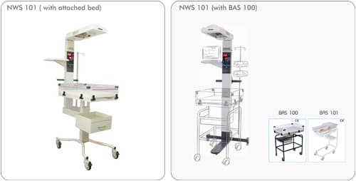 Phoenix NWS 101 infant radiant warmer, shown with attached bed and with baby bassinet (BAS 100)